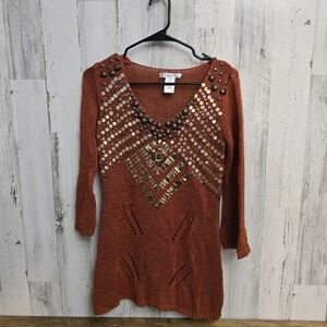 Vertigo Paris Embellished Rust Orange Knit Sweater Womens Size Medium